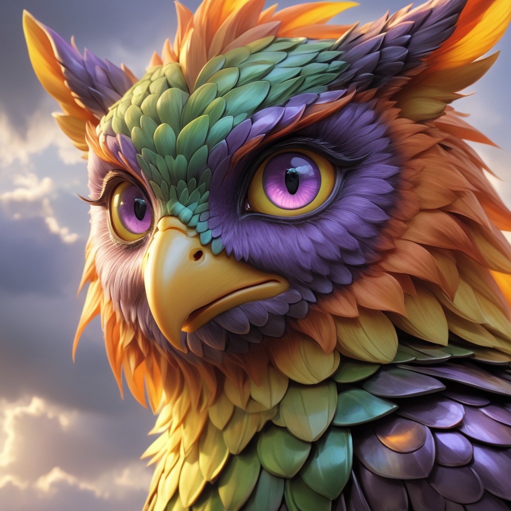 Shiny scaleboundsdxl,Up in the sky, cloudy, purple body, cover dark clouds scales, owl, ears, orange tips on head orange tips on butt, light yellow beak, light purple eyes, light green sclera, colored sclera, light yellow talons,solo,female1, ^w^, ( detail realistic), beautiful detail, high-quality, face close up,