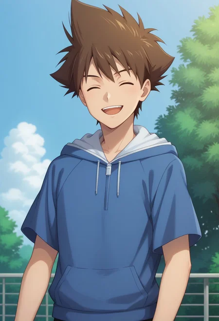 score_9, score_8_up, score_7_up, source_anime, highly detailed,
taikizu, 1boy, brown hair, male focus, closed eyes, shirt, solo, smile, open mouth,
upper body, looking at viewer, :d, short sleeves,
teeth, spiked hair, hoodie, hood, blue hoodie, white hood,
outdoor, sky, tree