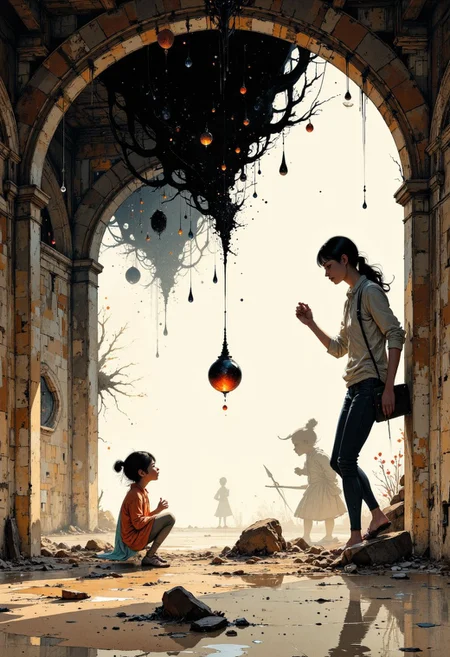 Create a beautifully detailed sketch capturing a fantastical world infused with nostalgia and shadowy intrigue. The style features clean, confident outlines with soft watercolor washes, balancing warmth and accessibility with intricate detail. The palette contrasts muted tones—warm ochres, soft reds, creamy whites—with stark, inky blacks, creating a dramatic interplay of light and shadow that evokes both innocence and mystery. The atmosphere blends vintage children’s book charm with an eerie undertone, as if balanced between reality and a shadowy dreamscape.
Characters should have naturalistic proportions and subtle expressiveness, their features gently exaggerated to reflect curiosity, resilience, or vulnerability. Dynamic shadow puppet figures may emerge in the background, their silhouettes adding to the narrative and reinforcing the duality of light and shadow. The focus will be on a specific subject—From an extreme low angle, a single droplet of ink falls from a shadowy ceiling, captured mid-motion as it splashes onto a white surface. The droplet morphs into a growing swarm of shadow puppets, their shapes spreading outward in intricate detail, casting an ominous aura over the frame—carefully integrated into the scene. The composition is grounded yet surreal, seamlessly merging whimsical simplicity with haunting, thought-provoking detail to invite wonder and introspection.