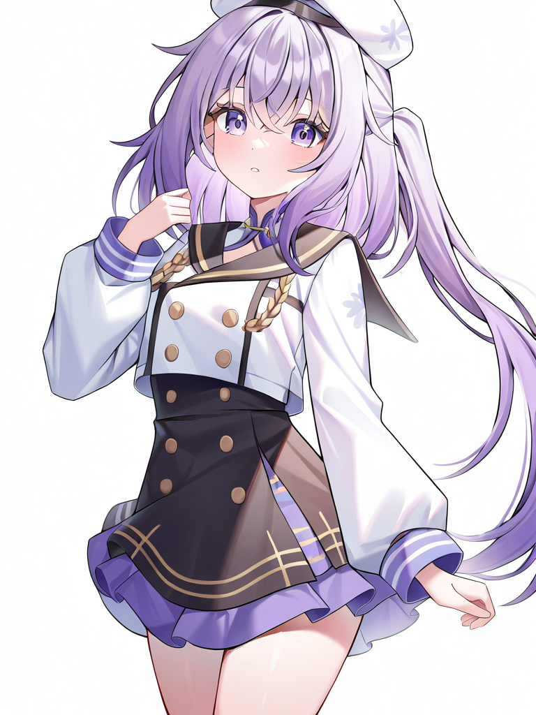 1girl,looking at viewer,solo,simple background,white background,cowboy shot,danyang,purple hair,,<lora:danyang-000012:1>, masterpiece, best quality, very aesthetic, absurdres,newest, incredibly absurdres,