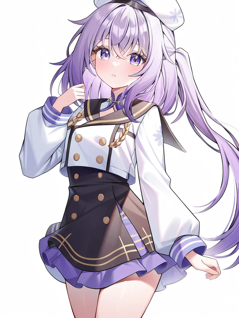 1girl,looking at viewer,solo,simple background,white background,cowboy shot,danyang,purple hair,,<lora:danyang-000012:1>, masterpiece, best quality, very aesthetic, absurdres,newest, incredibly absurdres,
