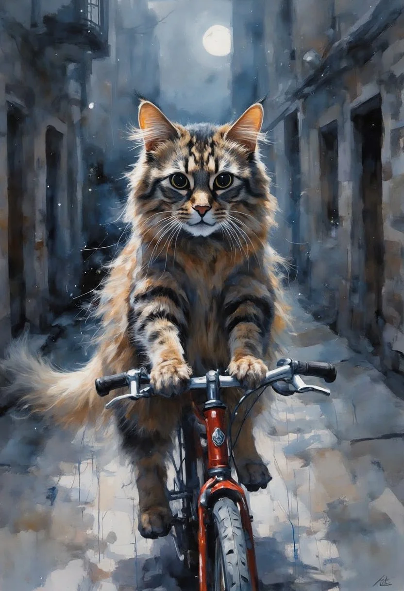 yawc1 watercolor.
A fluffy, medium-sized cat named Allie with a mottled coat featuring dark brown and black tabby stripes riding a old style bicycle through a narrow, quiet street at night.  The mood is tranquil and slightly magical. Soft lighting, deep blue tones, detailed shading, ethereal, cinematic composition
