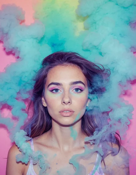 photo,
soft pastel colors, cartoon style illustration of a woman as she sees the world while experiencing hallucinations, stoned, splash art, splashed pastel colors, (soft iridiscent glowy smoke) motion effects, best quality, wallpaper art, UHD, centered image, MSchiffer art, ((flat colors)), (cel-shading style) very vibrant neon colors, ((low saturation)) ink lines, iridiscent