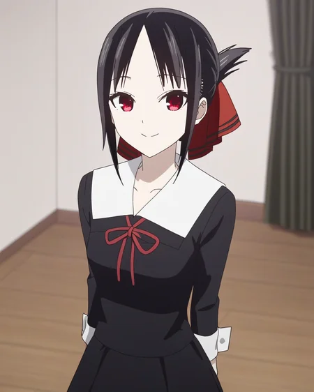 best quality,masterpiece,highres,1girl,solo,newest,rating: general, looking at viewer , <lora:Kaguya_XL-step00001200:0.9> ,(kaguya, bangs, black hair, red eyes, sidelocks, shinomiya kaguya,folded ponytail,parted bangs),hair ribbon, ribbon, red ribbon, , dress, black dress, school uniform, shuuchiin academy school uniform,smile
