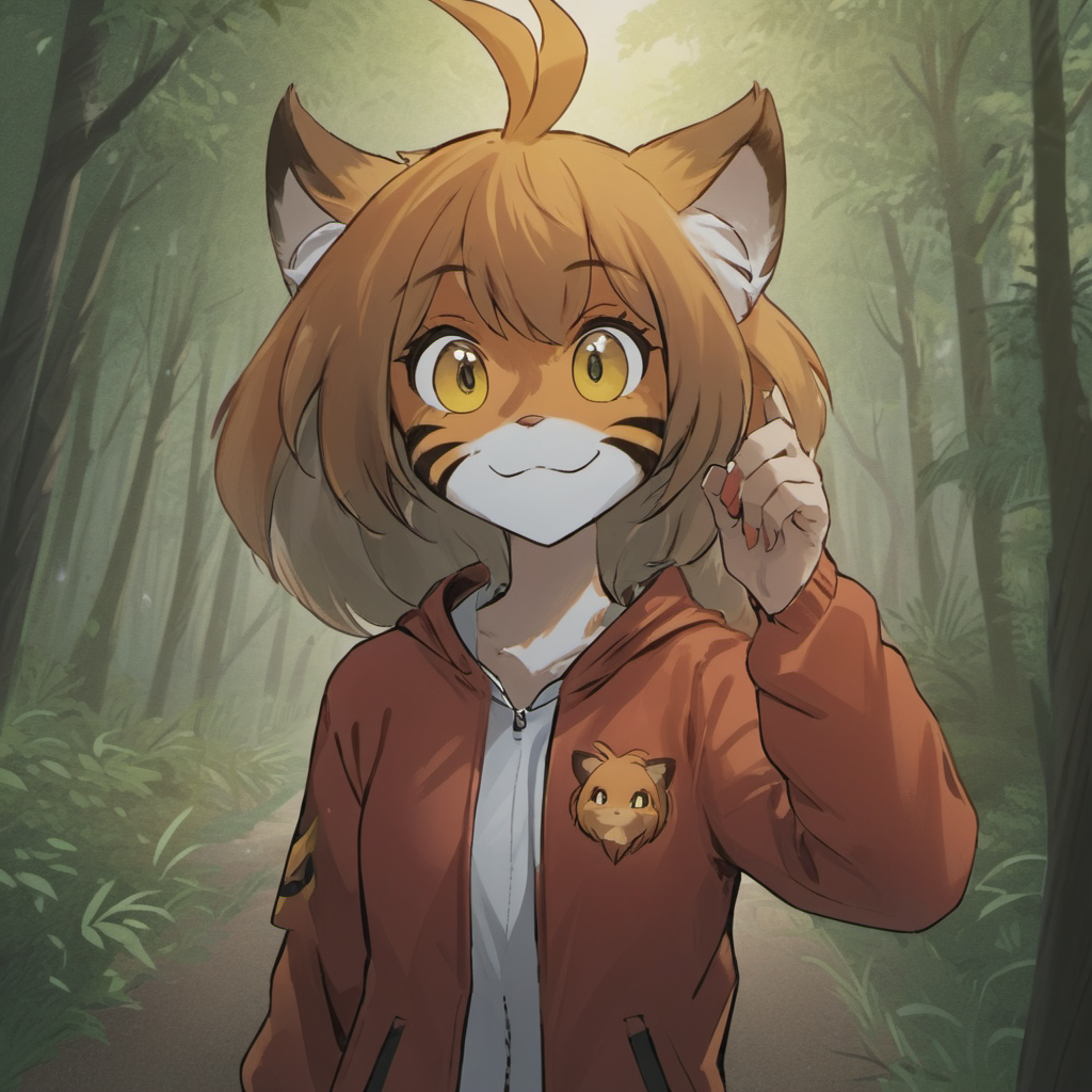 tiger girl,female furry,animal ears,brown hair,antenna hair,ahoge,animal nose,:3,detailed big yellow eyes,slit pupils,multicolored fur,white fur,orange fur,
adult,slim,1girl,solo,smug,smiling,cute,
Standing,fantasy forest,(red tracksuit:1.6),
anime,masterpiece,highly detailed,good artist,digital art,
 <lora:FLTKL4-V2:0.6>, <lora:neg4all_bdsqlsz_xl_V7:1>