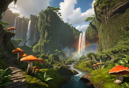 Split terrain in left and right side, where the right side is lava land landscape and the left side is a jungle and water.
masterpiece, best quality, ultra detailed, professional light, cinematic lighting, ambient lighting, atmospheric effects, photorealistic, epic landscape, high fantasy, waterfall, mountains, cliff, one bridge, (path with gold filled cracks), clouds, high trees, giant trees, weird trees, rainbow mushrooms, (jungle), volcano.
