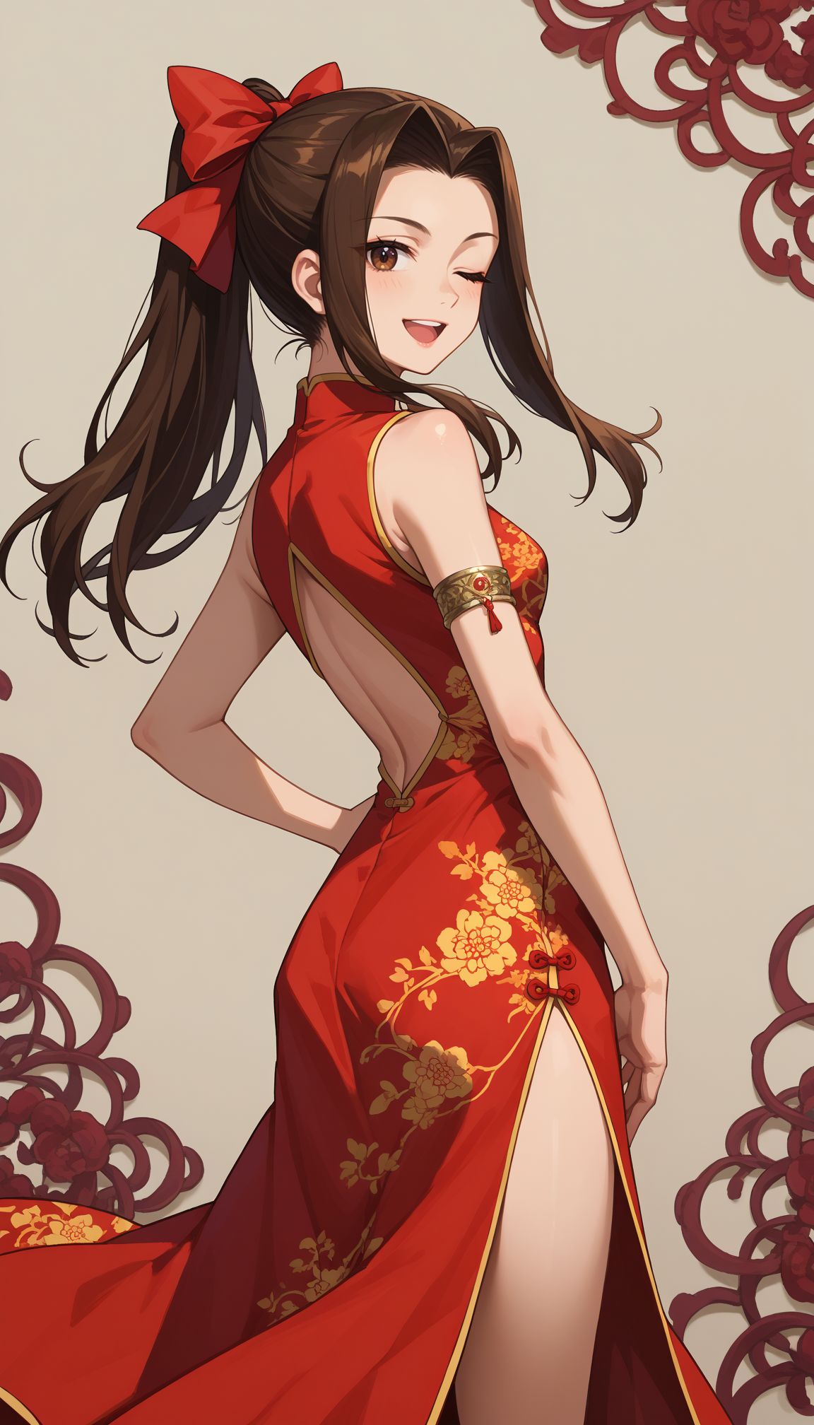 score_9, score_8_up, score_7_up, source_anime,
 <lora:Tes:1>,  1girl, china dress, one eye closed, chinese clothes, smile, long hair, looking at viewer, side slit, standing, open mouth, brown hair, alternate hairstyle, dated, red dress, brown eyes, red bow, sleeveless dress, looking back, armlet, one-hour drawing challenge, ponytail, ;d, hair bow, hand on own hip, print dress, artist name, dutch angle, signature, long dress, from side, ribbon, floral print
