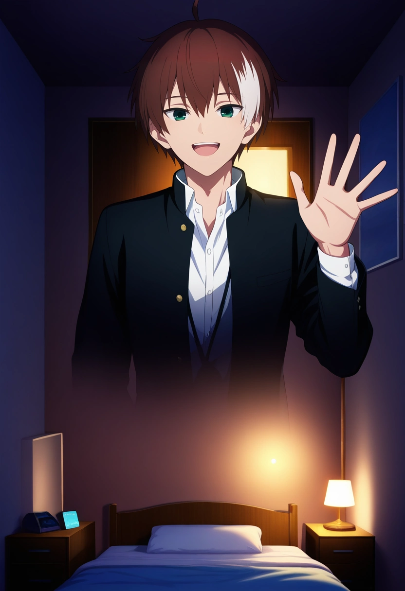 masterpiece, best quality, intricate details, (photorealistic:0.6),, 1boy, solo, male focus, <lora:akatsuki_iride_ilxl:0.94>, akatsuki_iride, brown hair, green eyes, short hair, ahoge, multicolored hair, two-tone hair, white hair, black jacket, white shirt, collared shirt, panorama, bedroom, bed, nightstand, dark, waving, laughing,