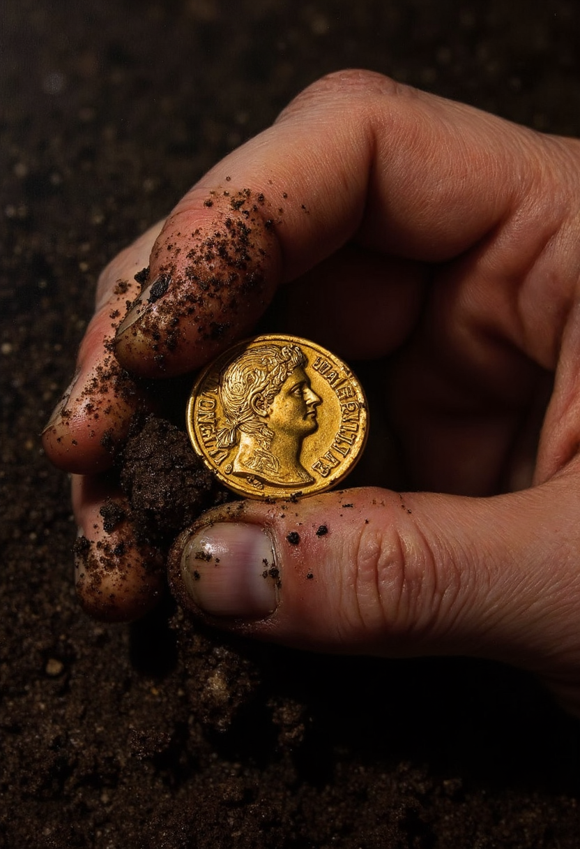 photorealistic painting of a hand holding an ancient roman dirty gold coin with the image of an eperor. The hand is very grimy and dirty, with dirt under the finger nails, dark detailed soil in the background <lora:hyperrealism-000103:1>