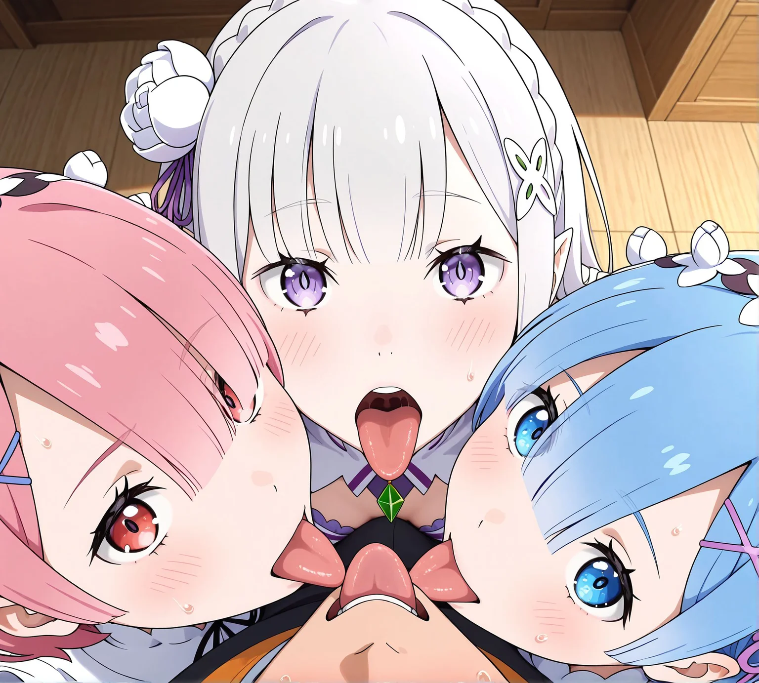 masterpiece,best quality,amazing quality,very aesthetic,absurdres,newest, huge filesize,
<lora:spo_sdxl_10ep_4k-data_lora_webui:0.5>,
<lora:add-detail-xl:1>anime screenshot, 2d,anime coloring, flat color,
<lora:group_kiss:0.6>3pffmkiss ,
3rd_kiss,group kiss, third-person perspective,
(3girls:1.3), 1boy,hetero, open mouth, from above ,looking at viewer,
tongue out,
sweat, sweatdrop,
BREAK
ram \(re:zero\),
BREAK
emilia \(re:zero\), white hair,
BREAK
rem \(re:zero\),
BREAK
view of natsuki subaru,