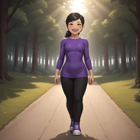 score_9, score_8, BREAK, solo, mii, wii u, wii sports club, 1girl, female mii, cute, black hair, ponytail, black eyebrows, black eyes, open mouth, teeth, blush, purple clothing, black pants, sneakers, small breasts, Pian-Pian_(\Wii_Sports_Club\), mature woman, Nintendo Mii, modern_mii, classic_mii, sexy pose, smile, outdoors, sunlight, shadows, evening lighting, natural lighting, forest, trees, grass, orange sky, sunset
