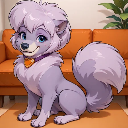 Dixie[B], Solo, 1girl, feral, dog, pomeranian, purple and white fur, short hair, bangs, blue eyes, dog tail, fluffy tail, black nose, necklace, heart pendant, looking at viewer, full body, smiling, sitting, living room background