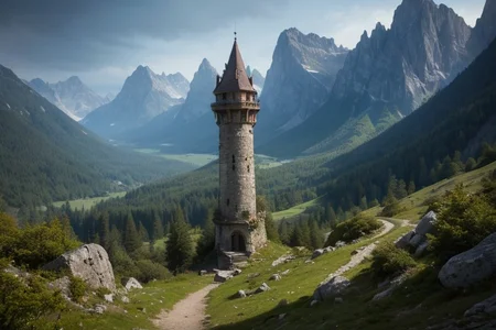 realistic analog photo, award winning photo, vary wide shot of magic stone witow tower on a Mountain peak, (Military watchtower), scenery, fantasy, Mountain top, path, nature, outdoors, RAW, highres, 8k, uhd, High Dynamic Range, tonemapping, crisp details,