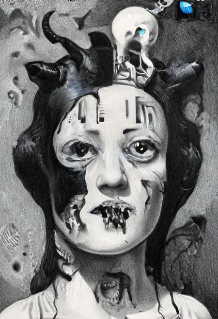 Monochrome black and white, Giger, Beksinski, Zawadzky, Dali, Magritte, Delvaux, Bellmer, Malevitch, Rodchenko, Mondrian, Kandinsky, Popovna, psychedelic hallucination, pop surrealism, rough crosshatch drawing pop art Lunatic_Portrait of a young woman in latex Avant-garde Fashion page, slick back, low bun, black makeup, sinister expression, intense glare, avant-garde, abstract, weird, geometric, constructivism, suprematism, rayonism, verticism, lineism, tj, Avant-garde Fashion page, Lunatic_Portrait, pop surrealism, pop art, drawing, painting, tj, JimmyAlonzo, Surreal psychedelic bizarre, pencil, drawing, by Brian Selznick, JuggernautNegative, jorg karg, Ingeborge dapkunaite face