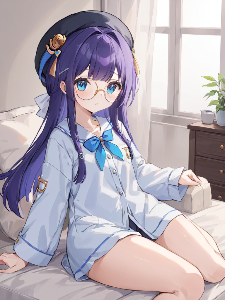 <lora:xl_peila girl2-000011:1>,peila girl,purple hair,blue eyes,glasses,beret,celestique\(hairdo)\,solo,pajamas,