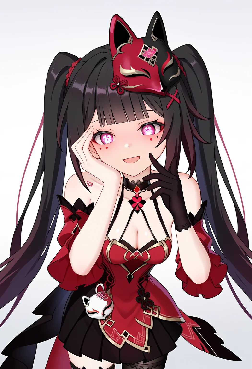 score_9, score_8_up, score_7_up, source_anime,
BREAK
1girl, solo,
<lora:shiSparkleV2:1.0>, flower-shaped pupils, glowing, glowing eye,
shisparklehonkai,
long hair, black hair, red eyes, multicolored hair, twintails, hair ornament, black fox mask, black choker,
mole under eye, mole under each eye,
alternate costume, red and black dress, red dress, bare shoulders, detached sleeves, tattoo, cleavage,
black gloves, single glove, black skirt, pleated skirt,
black thighhighs, single thighhigh, asymmetrical legwear,
looking at viewer, smile, open mouth, crazy eyes, wide-eyed, head tilt, head back, leaning forward, bent over, hand on own face,