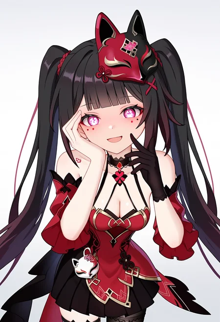 score_9, score_8_up, score_7_up, source_anime,
BREAK
1girl, solo,
<lora:shiSparkleV2:1.0>, flower-shaped pupils, glowing, glowing eye,
shisparklehonkai,
long hair, black hair, red eyes, multicolored hair, twintails, hair ornament, black fox mask, black choker,
mole under eye, mole under each eye,
alternate costume, red and black dress, red dress, bare shoulders, detached sleeves, tattoo, cleavage,
black gloves, single glove, black skirt, pleated skirt,
black thighhighs, single thighhigh, asymmetrical legwear,
looking at viewer, smile, open mouth, crazy eyes, wide-eyed, head tilt, head back, leaning forward, bent over, hand on own face,