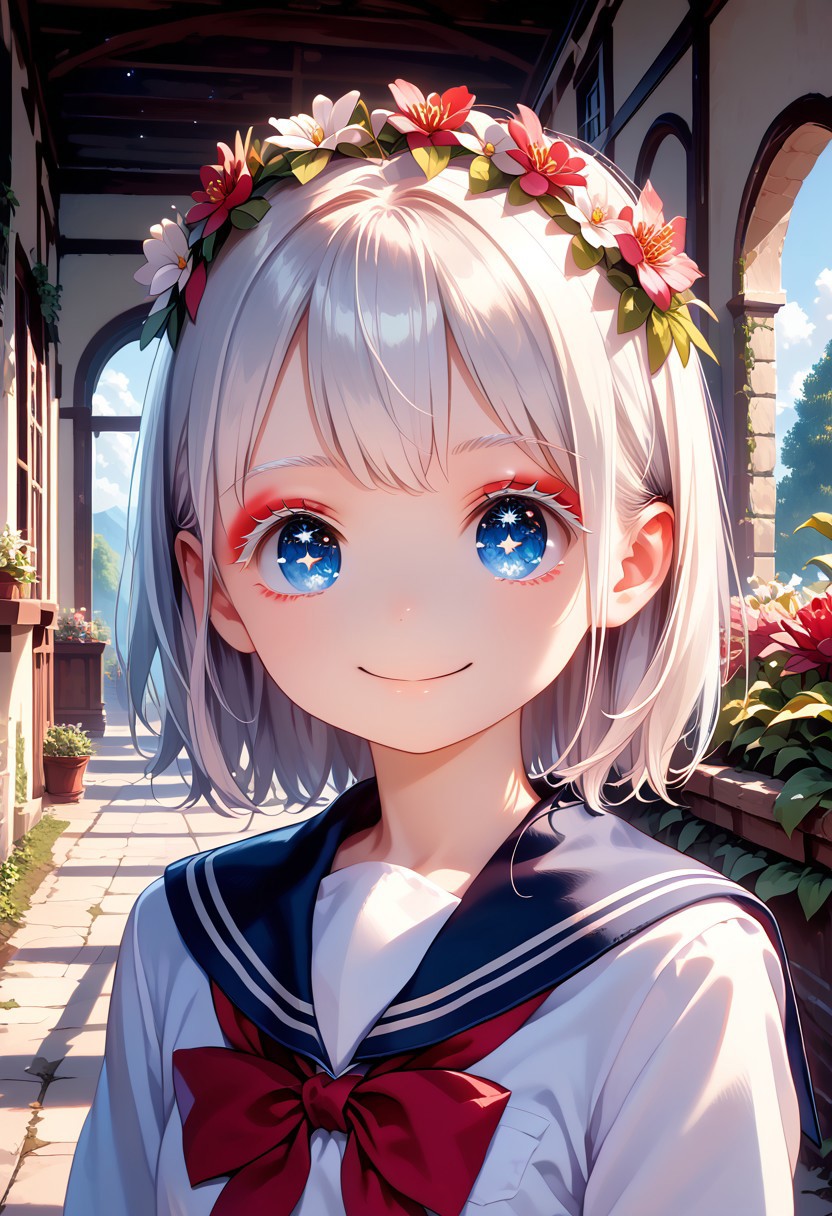 score_9, score_8_up, score_7_up, 1girl, MdaStarouP, masterpiece, best quality, ultra high res, smiling, happy, (detailed eyes:1.2), 8K, Best Quality, Masterpiece, Ultra High Resolution, (Realism: 1.4), Original Photo, (Realistic Skin Texture: 1.3), (Film Grain: 1.3), Sapphire Color Eyes and Beautiful Face Details, Highest Quality Picture Quality, white hair, blue eyes, (red eyeliner), (white eyeshadow), (white eyelashes) ,set in a fantasy world with sparkling stars, fantasy flower crown on her head, school uniform,messy, indoors, clutter, very aesthetic, scenery, outside, house, garden