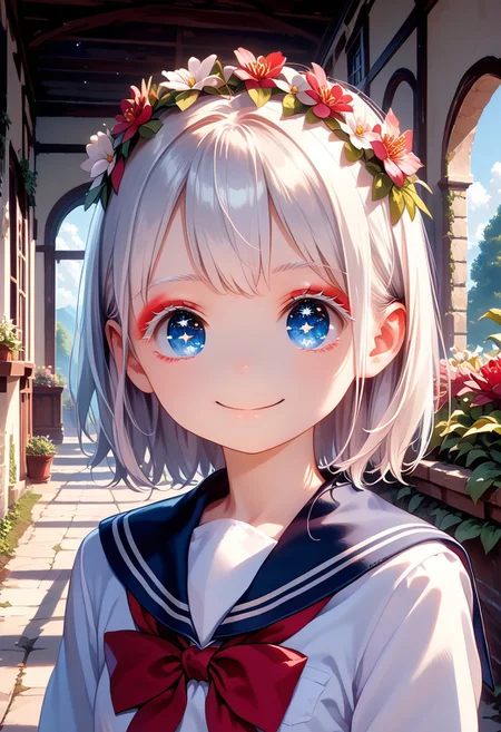 score_9, score_8_up, score_7_up, 1girl, MdaStarouP, masterpiece, best quality, ultra high res, smiling, happy, (detailed eyes:1.2), 8K, Best Quality, Masterpiece, Ultra High Resolution, (Realism: 1.4), Original Photo, (Realistic Skin Texture: 1.3), (Film Grain: 1.3), Sapphire Color Eyes and Beautiful Face Details, Highest Quality Picture Quality, white hair, blue eyes, (red eyeliner), (white eyeshadow), (white eyelashes) ,set in a fantasy world with sparkling stars, fantasy flower crown on her head, school uniform,messy, indoors, clutter, very aesthetic, scenery, outside, house, garden