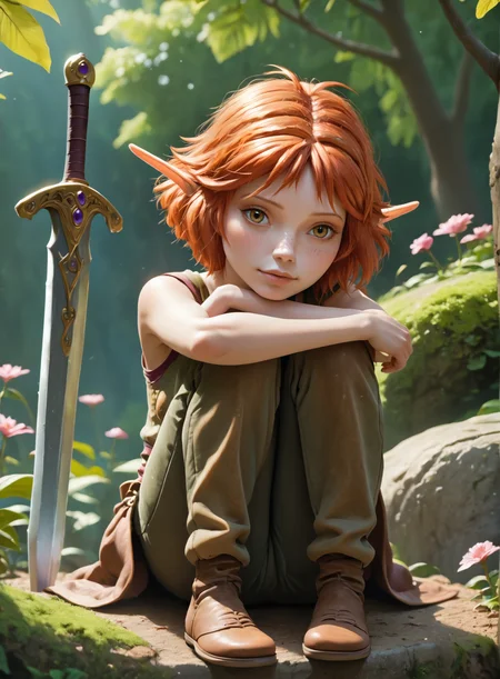 score_9, score_8_up, score_7_up, 1girl, solo, s3lenia, sword, sitting, hugging own knees, head tilt, pants, nature, <lora:s3lenia_pxl_v1:0.75>