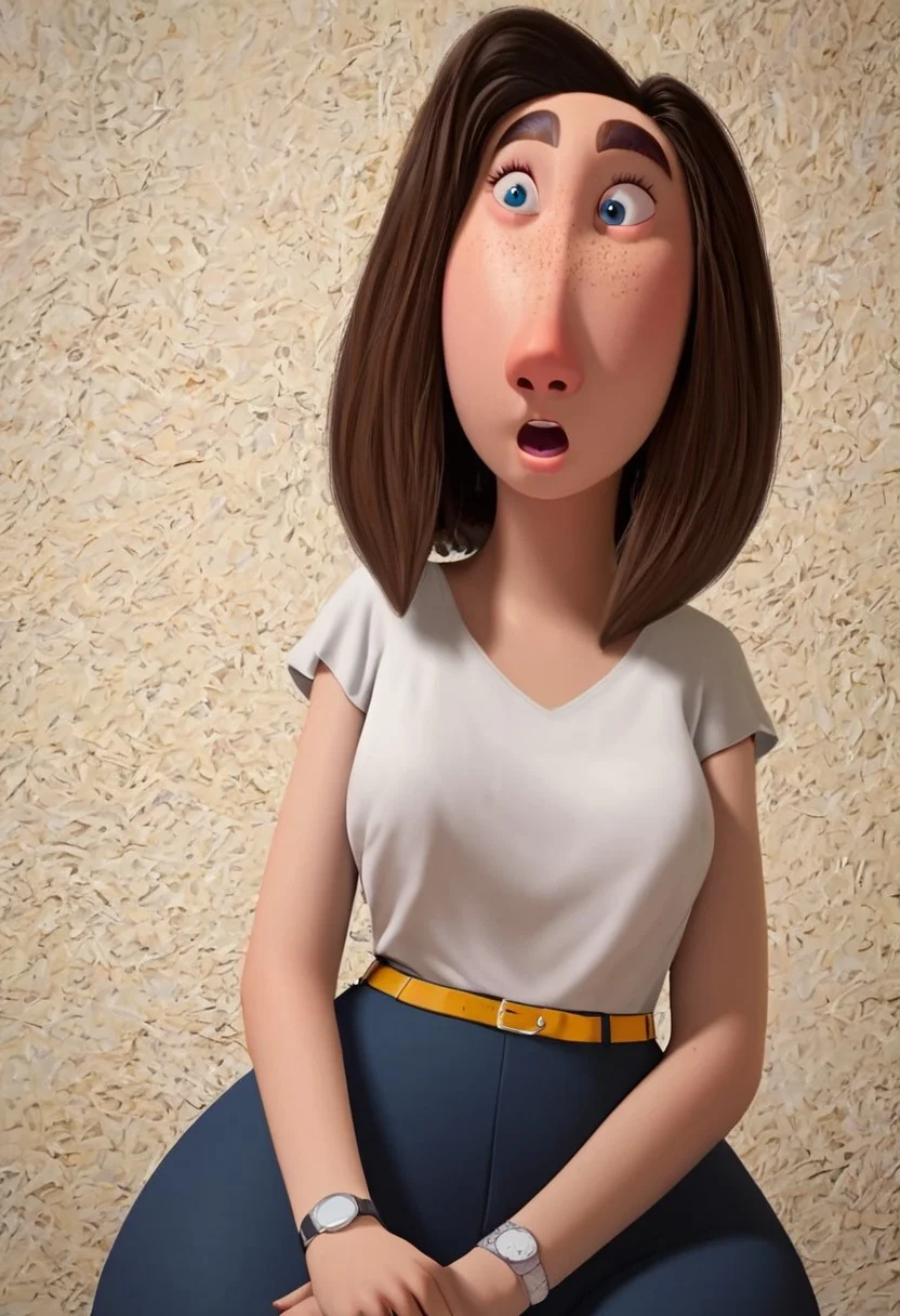 sarah (meetmyfamily), 1girl, long face, blue eyes, thick eyebrows, freckles, brown hair, medium hair, bob cut, white tucked in shirt, short sleeves, yellow belt, tight blue jeans, black high-heels, grey wristwatch, curvy, wide hips, thick thighs, score_8_up, score_7_up, BREAK, 1girl, solo, closeup, fear, opened mouth, wide eyed, realistic, 3d, portrait