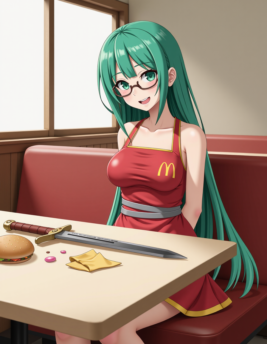 Vocaloid girl with blunt bangs and glasses sits, hogtied, at a messy McDonald's table. Her french fry-tipped sword rests nearby. Sagging breasts strain against a McRonald's uniform, rendered in mixed media style of Pyle & Harmonia, with muted, pastel tones. She appears battered yet cheerfully defiant, hands bound behind her back.
