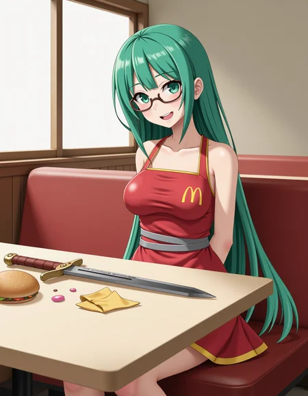 Vocaloid girl with blunt bangs and glasses sits, hogtied, at a messy McDonald's table. Her french fry-tipped sword rests nearby. Sagging breasts strain against a McRonald's uniform, rendered in mixed media style of Pyle & Harmonia, with muted, pastel tones. She appears battered yet cheerfully defiant, hands bound behind her back.