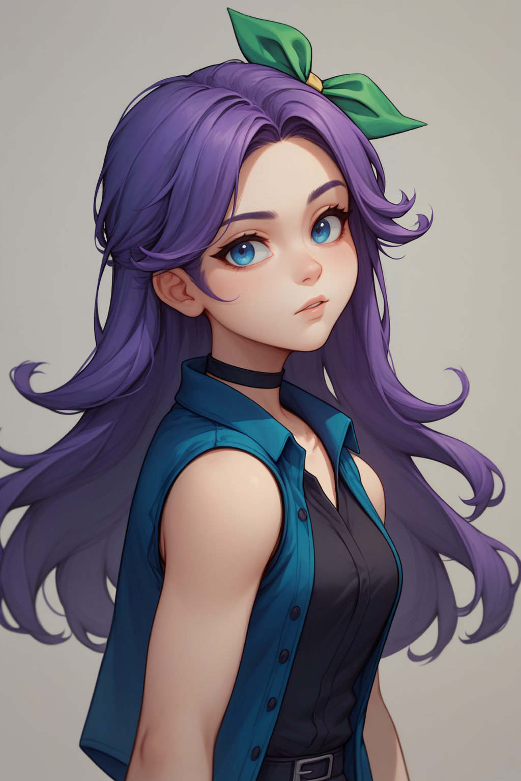 score_9, score_8_up, 1girl, solo, <lora:NSAbigailStardew:1> NSAbigailStardew, purple hair, blue eyes, long hair, parted bangs, black choker, blue vest, open vest, sleeveless, black shirt, skirt, black leggins, green hair ribbon