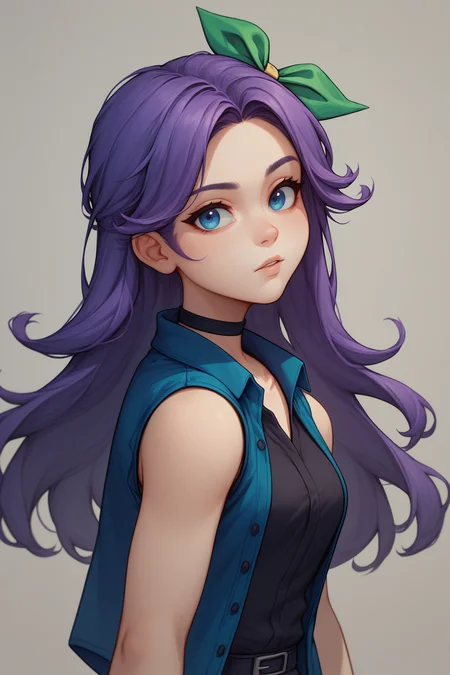 score_9, score_8_up, 1girl, solo, <lora:NSAbigailStardew:1> NSAbigailStardew, purple hair, blue eyes, long hair, parted bangs, black choker, blue vest, open vest, sleeveless, black shirt, skirt, black leggins, green hair ribbon