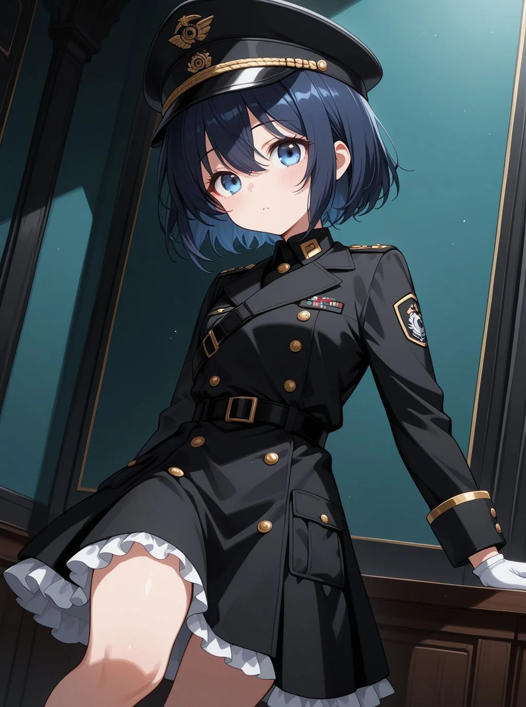 sfw, general,
<lora:Inui_Sajuna_1213939:1>, 1girl, KJOshion, dark blue hair, blue eyes, hair between eyes, short hair, black military uniform, black frilled dress, long sleeves, wrist cuffs, white gloves, black peaked cap,
BREAK
general, dutch angle, from front, dynamic pose, <lora:brightness_slider:-0.5>,
BREAK
masterpiece, best quality, amazing quality, very aesthetic, absurdres, newest,
<lora:Eyes_High_Definition:0.6>, eyesHD, high gradient eyes, detailed eyes, high definition eyes,
<lora:LECO_Particles:1>, <lora:LECO_StickClotch:1.5>,
