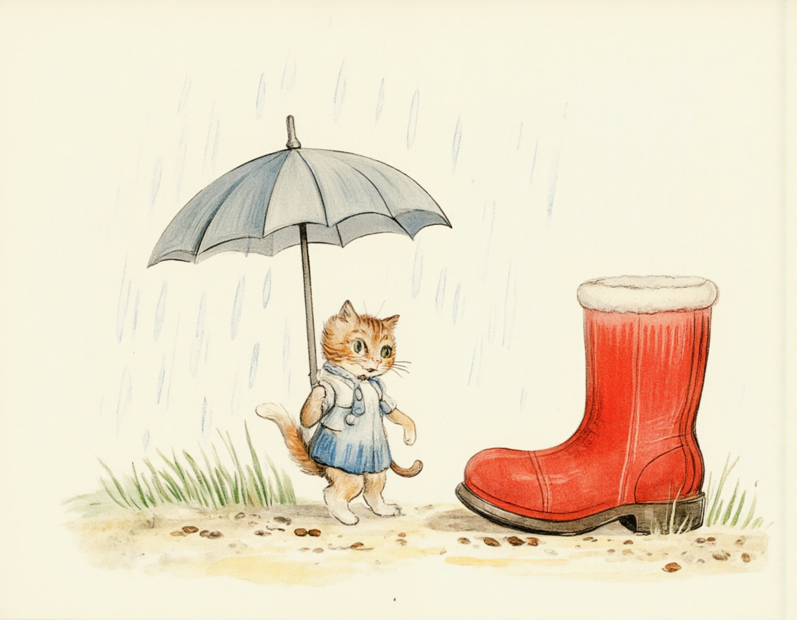 <lora:SUT_NEW:1>, A little cat holding an umbrella under the rain, standing next to a big red boot, in the style of Vitaly Suteev â soft watercolor textures, pastel tones, round and friendly character design, clean outlines, nostalgic Soviet-era children's book art