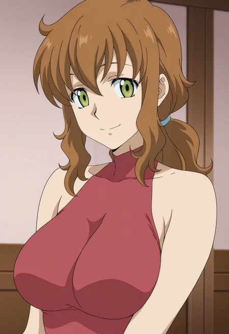 1girl,solo,mm,mature female,brown hair,green eyes,long hair,large breasts,ponytail,anime coloring,
red leotard,bare shoulders, upper body, looking at viewer, smile,indoors
,masterpiece,best quality,amazing quality,<lora:Christina_Sierra-Gundam_00_Season1:0.8>
