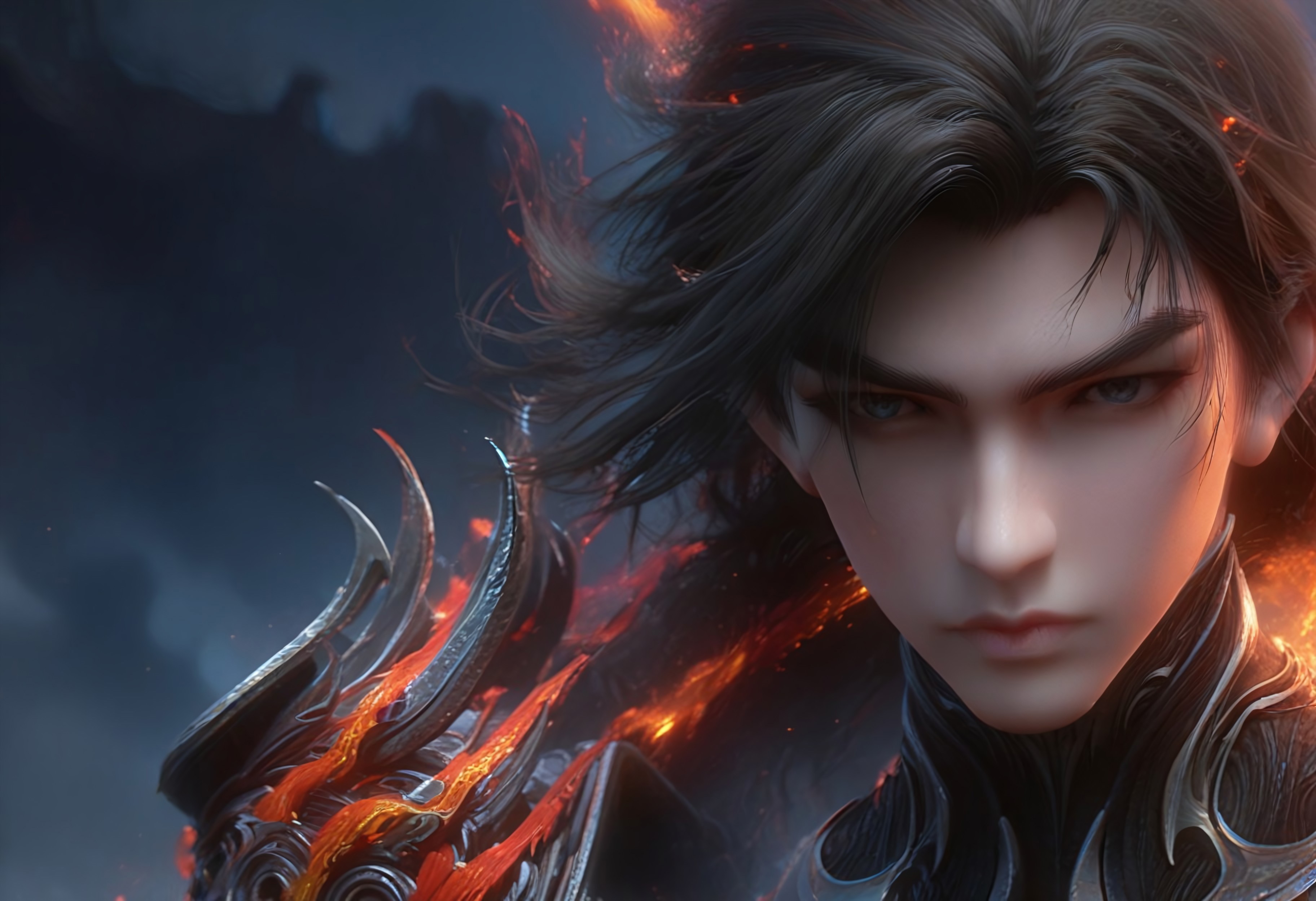 score_9, score_8_up, score_7_up, score_6_up, shihao, ashes_armor, loose hair,  extremely detailed face, cowboy shot, expressive face, looking on viewer, from side, high resolution super detailed digital painting, masterpiece, blurred dark asian east architecture ruins on background, shihao, grey eyes, perfecteyes, fire, flames, fire aura, ral-dissolve