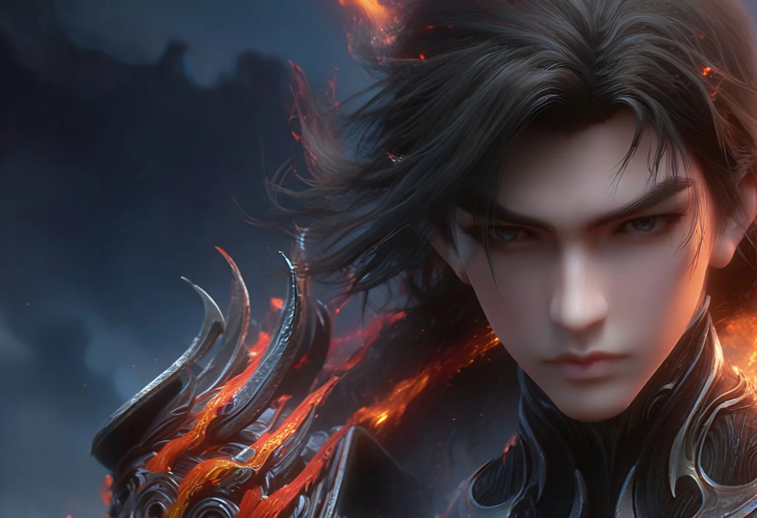 score_9, score_8_up, score_7_up, score_6_up, shihao, ashes_armor, loose hair, extremely detailed face, cowboy shot, expressive face, looking on viewer, from side, high resolution super detailed digital painting, masterpiece, blurred dark asian east architecture ruins on background, shihao, grey eyes, perfecteyes, fire, flames, fire aura, ral-dissolve