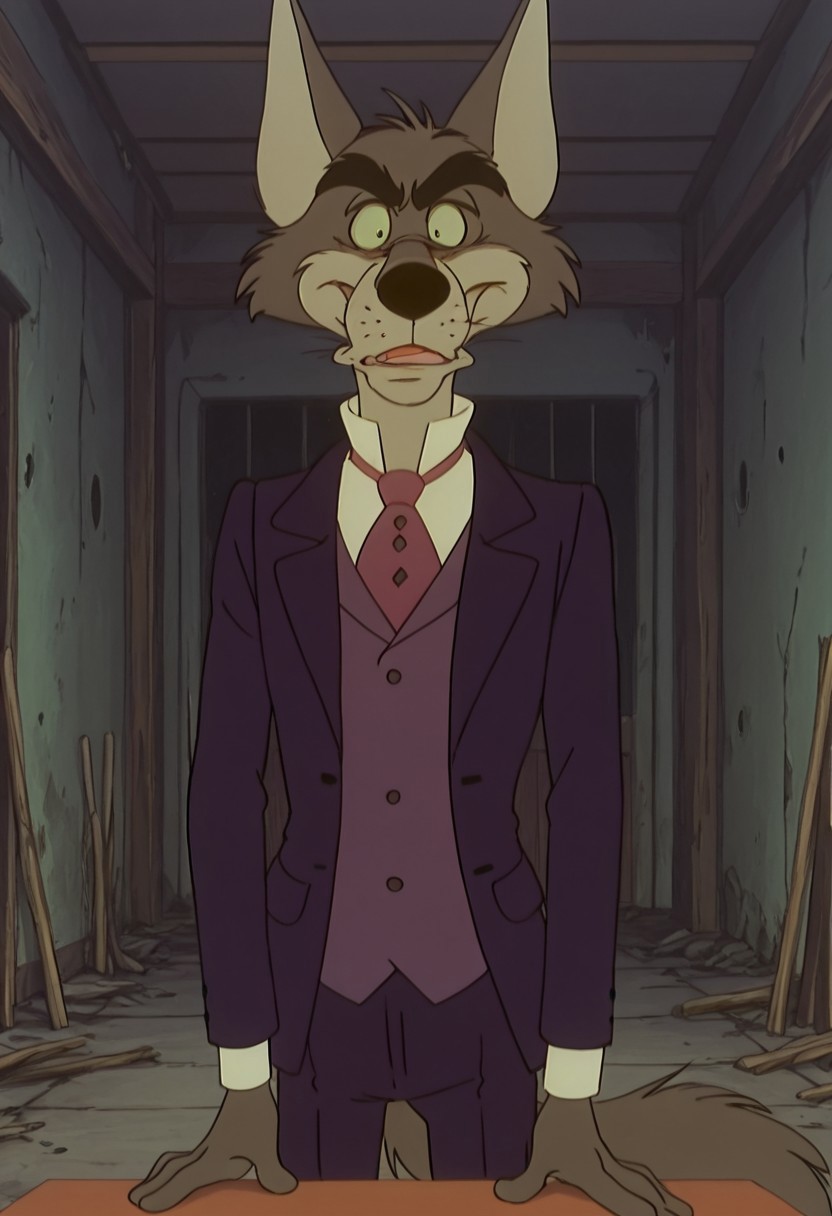 core_9, score_8_up, score_7_up, score_6_up, score_5_up, score_4_up, detailed background, Mr. Sullivan, highres, abandoned attic, looking at viewer, standing position, spreading, front view, narrowed eyes, furry, tail, anime, pupils, open eyes, thick eyebrows, skinny body, Old wolf, gray jacket, dark blue pants, tall, white shirt, tail, dark blue jacket, red gaiters with green diamonds.