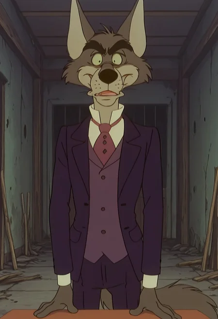 core_9, score_8_up, score_7_up, score_6_up, score_5_up, score_4_up, detailed background, Mr. Sullivan, highres, abandoned attic, looking at viewer, standing position, spreading, front view, narrowed eyes, furry, tail, anime, pupils, open eyes, thick eyebrows, skinny body, Old wolf, gray jacket, dark blue pants, tall, white shirt, tail, dark blue jacket, red gaiters with green diamonds.
