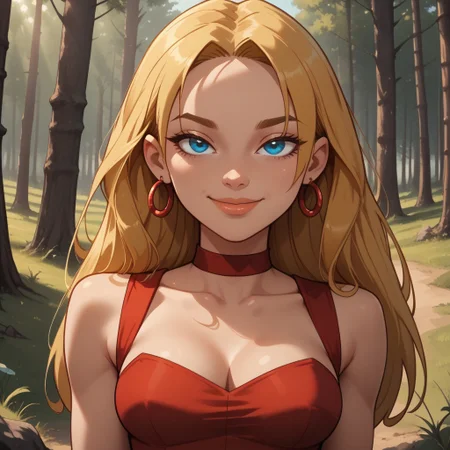 score_9, score_8, BREAK, solo, blonde hair, blue eyes, lips, red dress, red choker, red hoop earrings, yellow bracelets, total drama, Blaineley_(Total_Drama), breasts, self portrait, sexy pose, smile, outdoors, sunlight, shadows, evening lighting, natural lighting, forest, trees, grass, orange sky, sunset