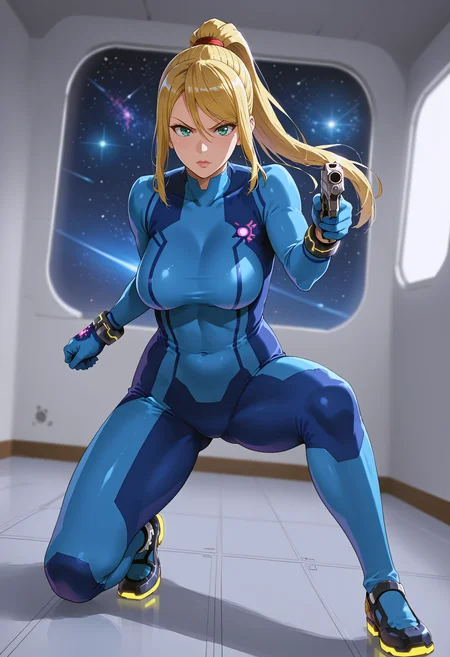 takeda hiromitsu style, source_anime, anime screencap, uncensored, dynamic angle, dynamic view, takeda hiromitsu style, dynamic pose, foreshortening, extreme perspective,
sole female, solo, 1girl, samus aran, blonde hair, swept bangs, long hair, ponytail, mole under left lip, turquoise eyes, zero suite, blue body suit, blue gloves, metal bracelets, sagging breasts, medium breasts, skintight, fully dressed, action pose, dynamic pose, determined, superhero landing, dynamic pose, holding gun, complex background, detailed background, inside giant spacecraft, outer space in window, multiple galaxies in the background, giant view of space, giant window with a view of space, view of planets, view of stars, depth of field, blurry background, volumetric lighting, back lighting, side lighting, 3 point lighting, reflective floor, glossy floor, reflective interior,
<lora:takeda_hiromitsu_style_xl_goofy:1.0>, <lora:DynamicPose_alpha1.0_rank4_noxattn_100steps:3.0>, <lora:Superhero_landing:0.5>