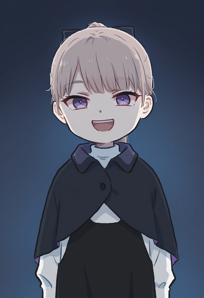 sketch, dim, dark:1.5, dim setting, dark room, no light, dim atmosphere, dark atmosphere,
xinzoruo,
 Lapwing_Gosling, light brown hair, purple eyes, ponytail, bangs, hair bow, black capelet, black dress, white sweater, cowboy shot, 1girl, solo, simple background, looking at viewer, laughing, open mouth,