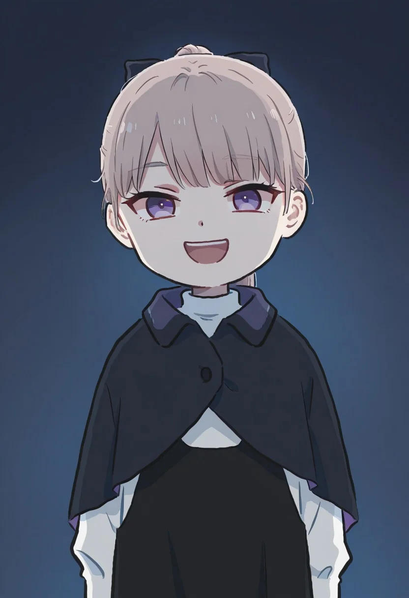 sketch, dim, dark:1.5, dim setting, dark room, no light, dim atmosphere, dark atmosphere,
xinzoruo,
Lapwing_Gosling, light brown hair, purple eyes, ponytail, bangs, hair bow, black capelet, black dress, white sweater, cowboy shot, 1girl, solo, simple background, looking at viewer, laughing, open mouth,