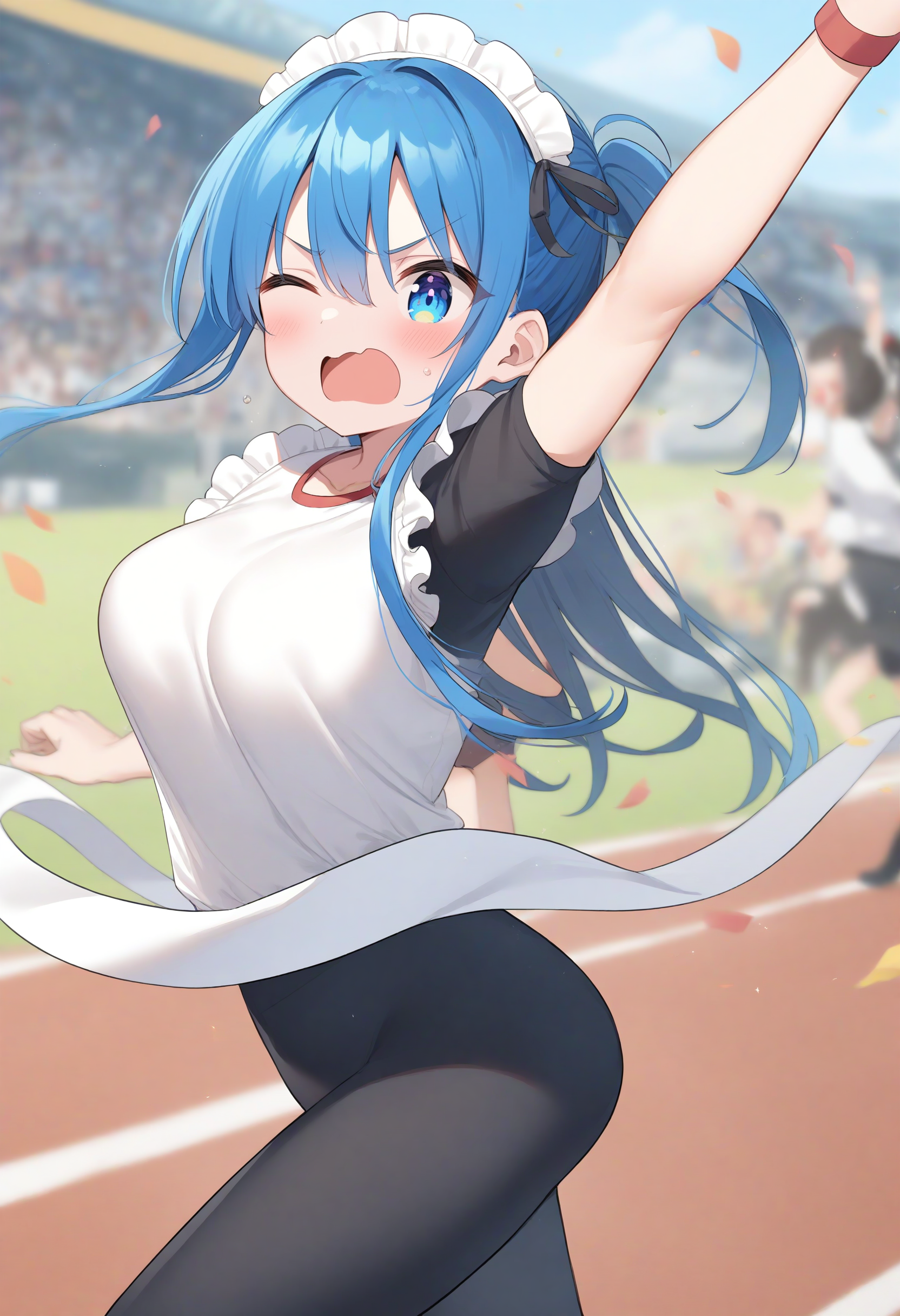 1girl,sincos, ningen mame, toosaka asagi,solo,medium breasts,20yo,maid,maid headdress,maid apron,skirt,
finish line, arm up, bouncing breasts, day, outdoors, running, sports festival, <lora:finishline_XL_v1:0.8>
from side, cowboy shot, looking down, blue hair, heterochromia,annoyed, japanese-style room, open mouth, hime cut hair,,
best quality, very aesthetic, absurdres