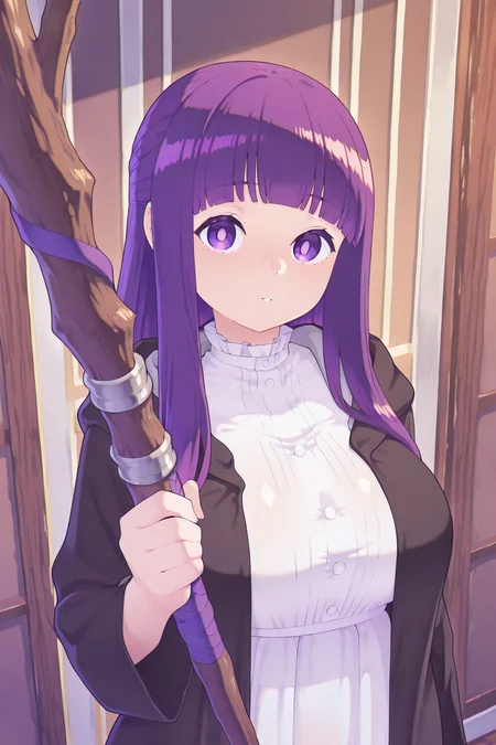 1girl,looking at viewer,facing viewer, front viewer,<lora:Kaikoinu:1>kaikoistyle, <lora:SousouNoFrieren_Fern_IlluXL:1> ,holding staff, wooden staff, purple hair, long hair, purple eyes, bright pupils, blunt bangs,large breasts,FernCasual,striped dress, white dress, black robe, open robe, hood down, frilled collar,, breasts,digital illustration,1girl, masterpiece, best quality,highres,