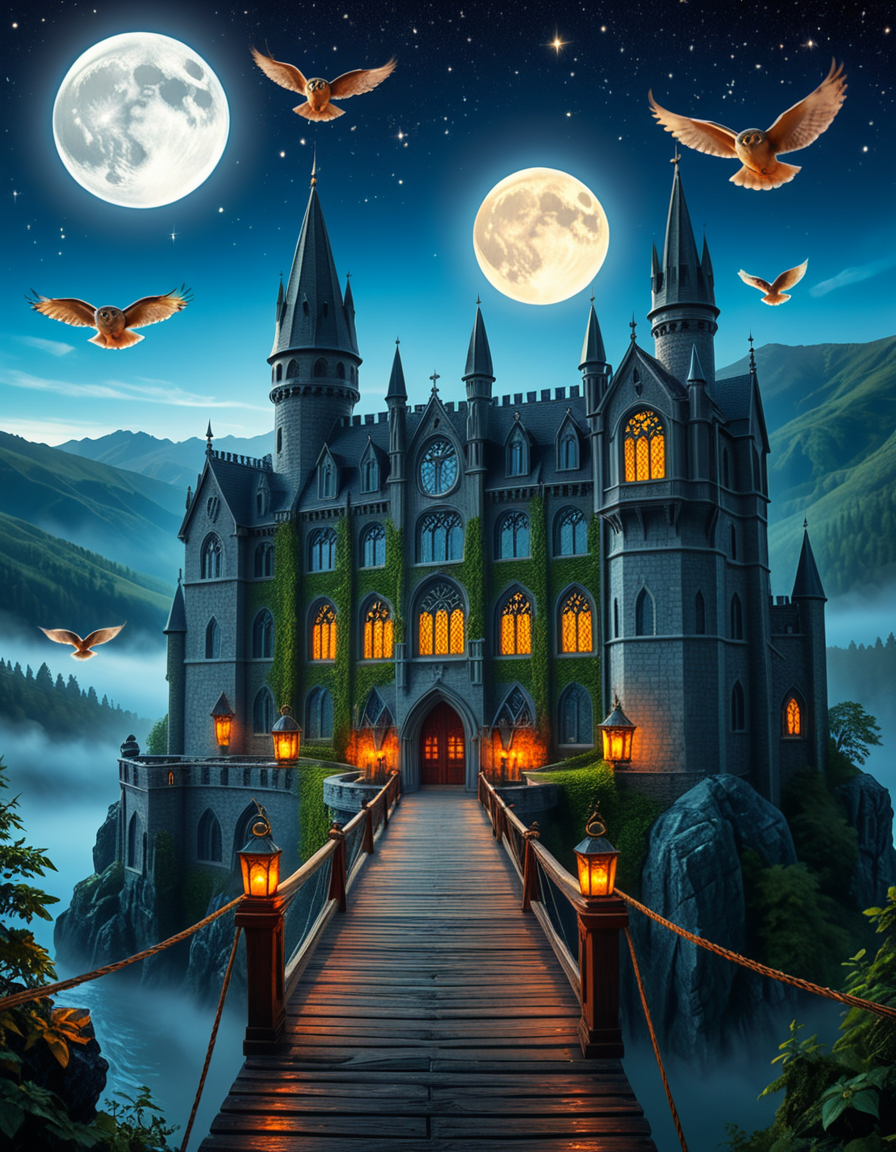 A majestic, ancient castle perched on a rocky hill, serving as a prestigious school for young wizards. The castle is a grand structure with towering spires, intricate gothic architecture, and large stained-glass windows that glow with magical energy. The stone walls are covered in ivy, and enchanted lanterns float around the entrance, casting a soft, mystical glow. A massive wooden bridge leads to the main gate, suspended over a misty, enchanted lake that reflects the moonlight. In the background, rolling green hills and dense, fog-covered forests surround the school, adding an air of mystery. The sky is a deep twilight blue, with stars twinkling and a full moon shining brightly. Some windows in the castle emit warm, golden light, hinting at classrooms filled with spellbooks and students practicing magic. A few owls are seen soaring above, delivering messages. The atmosphere is magical, mysterious, and full of wonder, as if the castle itself is alive with enchantments.
<lora:SDXLFaeTastic2400:0.4> <lora:extremely_detailed:0.4> extremely detailed, <lora:ancient_c4stl3:1>,ancient c4stl3, Masterpiece,best quality,hi res,8k,hi res,8k,award winning,(sharp focus, intricate, highly detailed),