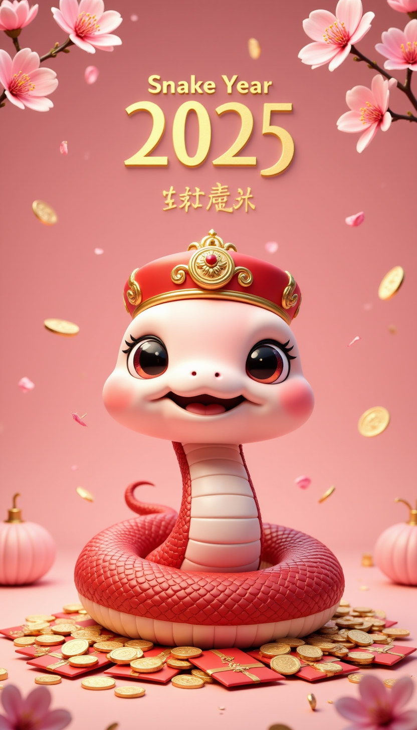pinkchibisnakeyear,
 A cheerful snake wearing a tiny red and gold hat, sitting on a pile of golden coins and red envelopes, with cherry blossoms gently falling around it, with the text "Snake Year 2025" in elegant gold calligraphy at the center.