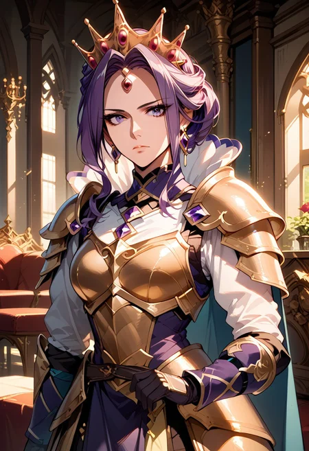 score_9,score_8_up,score_7_up,source_anime, Mirellia Q Melromarc,1girl,solo,looking at viewer,gloves,dress,jewelry,purple eyes,purple hair,earrings,armor,crown,shoulder armor,breastplate,