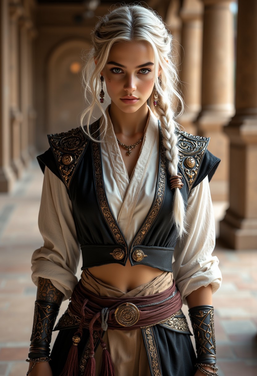 Overview Statement:
A mystical desert warrior-scholar with an elegant fusion of ancient Middle Eastern and East Asian influences, combining refined grace with martial prowess.
Physical Features:
- Face structure features high cheekbones, almond-shaped eyes with a piercing amber gaze
- Flowing platinum-silver hair cascading to mid-thigh, with wispy bangs and intricate side braids adorned with bronze ornamental beads
- Athletic yet graceful physique with dancer-like proportions
- Sun-kissed complexion with a natural, healthy glow
Outfit Breakdown:
Base Layer:
- Flowing ivory silk peasant blouse with gathered sleeves ending at elbows
- Fitted black brocade cropped vest with intricate bronze clasps and embroidery
- High-waisted harem pants in sand-colored raw silk, gathered at ankles
- Traditional leather sandals with cross-strapping to mid-calf
Ornate Details:
- Wide ceremonial belt featuring ancient script patterns in deep red and gold
- Bronze-worked accessories including spiral arm cuffs and layered earrings
- Ornamental weapon harness with detailed metalwork and red silk tassels
- Curved ceremonial blade with bronze fittings and wrapped handle
Environmental Context:
- Ancient temple interior with intricate carved wall panels
- Spiral and geometric patterns in bas-relief stonework
- Warm sepia-toned ambient lighting suggesting late afternoon
- Subtle dust motes catching light in air
- Polished stone flooring with worn patterns