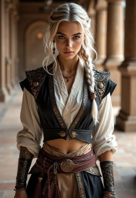 Overview Statement:
A mystical desert warrior-scholar with an elegant fusion of ancient Middle Eastern and East Asian influences, combining refined grace with martial prowess.
Physical Features:
- Face structure features high cheekbones, almond-shaped eyes with a piercing amber gaze
- Flowing platinum-silver hair cascading to mid-thigh, with wispy bangs and intricate side braids adorned with bronze ornamental beads
- Athletic yet graceful physique with dancer-like proportions
- Sun-kissed complexion with a natural, healthy glow
Outfit Breakdown:
Base Layer:
- Flowing ivory silk peasant blouse with gathered sleeves ending at elbows
- Fitted black brocade cropped vest with intricate bronze clasps and embroidery
- High-waisted harem pants in sand-colored raw silk, gathered at ankles
- Traditional leather sandals with cross-strapping to mid-calf
Ornate Details:
- Wide ceremonial belt featuring ancient script patterns in deep red and gold
- Bronze-worked accessories including spiral arm cuffs and layered earrings
- Ornamental weapon harness with detailed metalwork and red silk tassels
- Curved ceremonial blade with bronze fittings and wrapped handle
Environmental Context:
- Ancient temple interior with intricate carved wall panels
- Spiral and geometric patterns in bas-relief stonework
- Warm sepia-toned ambient lighting suggesting late afternoon
- Subtle dust motes catching light in air
- Polished stone flooring with worn patterns