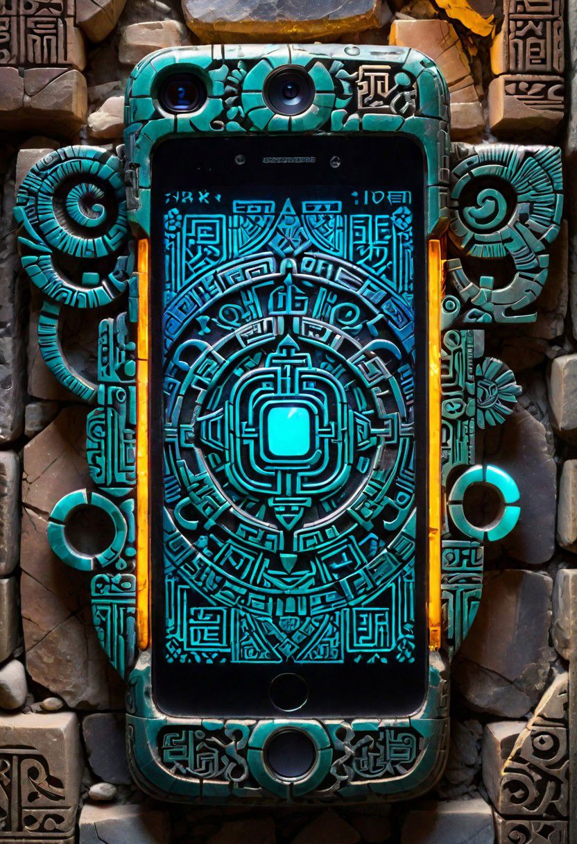 highly detailed close-up of an ancient smartphone, ornate glyphs intricately carved,  glowing with faint neon luminescence, juxtaposed against rough carved stone background, cracked screen