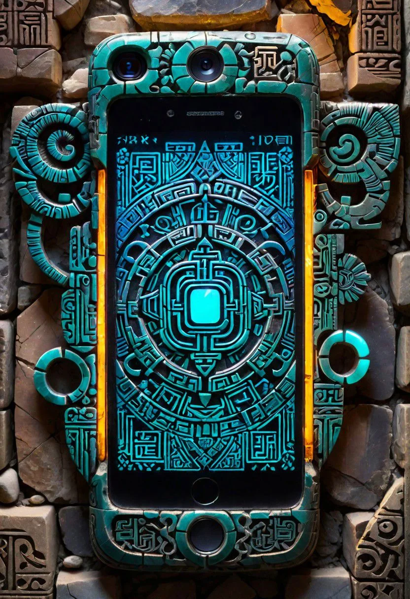 highly detailed close-up of an ancient smartphone, ornate glyphs intricately carved, glowing with faint neon luminescence, juxtaposed against rough carved stone background, cracked screen