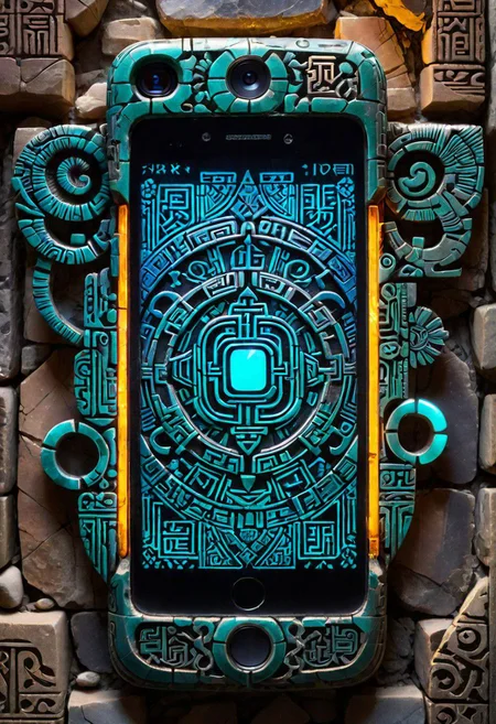 highly detailed close-up of an ancient smartphone, ornate glyphs intricately carved,  glowing with faint neon luminescence, juxtaposed against rough carved stone background, cracked screen